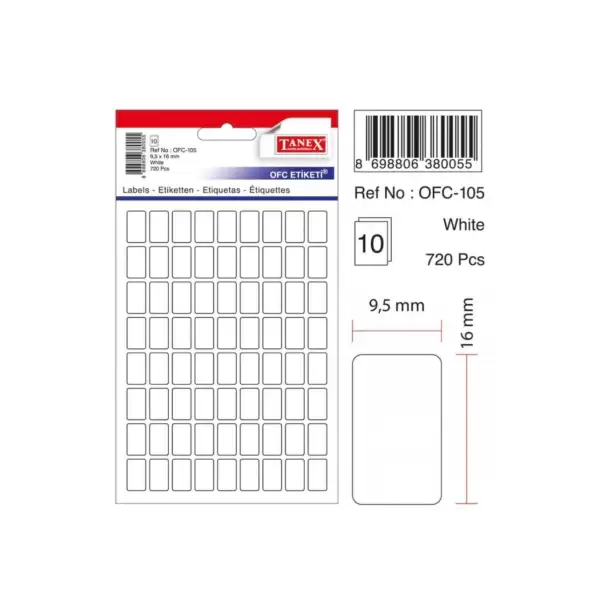 TANEX OFİS ETİ.9,5X16 MM BEYAZ 105(PK-10-KT-30 LU)