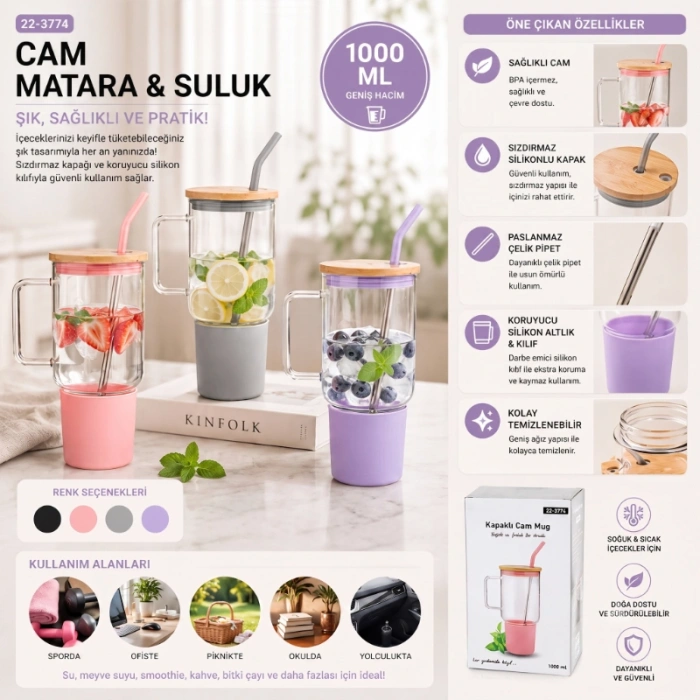 1000 ml Cam Matara Kupa Bardak - Bambu Kapaklı - Silikon Kılıflı - Çelik Pipetli