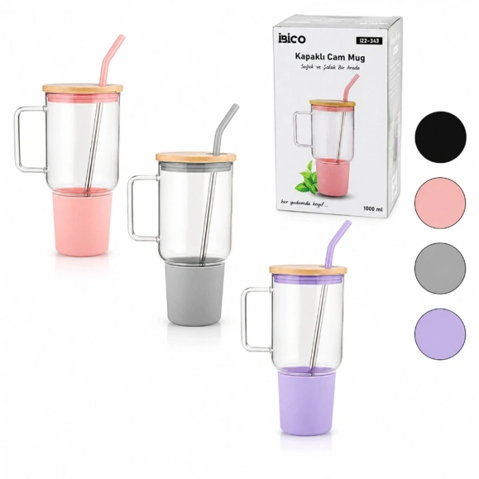 1000 ml Cam Matara Kupa Bardak - Bambu Kapaklı - Silikon Kılıflı - Çelik Pipetli