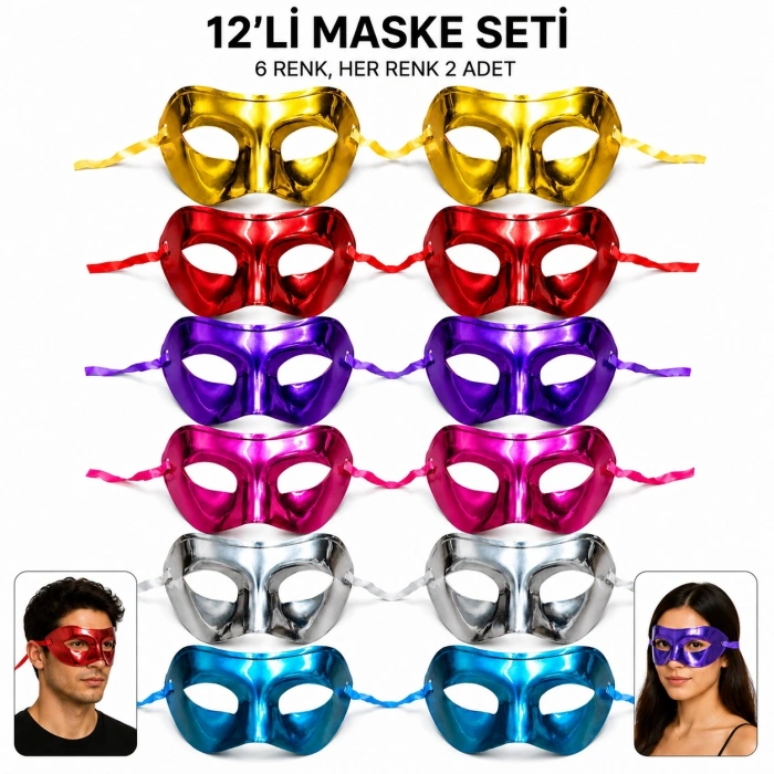 12li Metalik Venedik Toptan Parti Maskesi Seti – 6 Renk Karışık