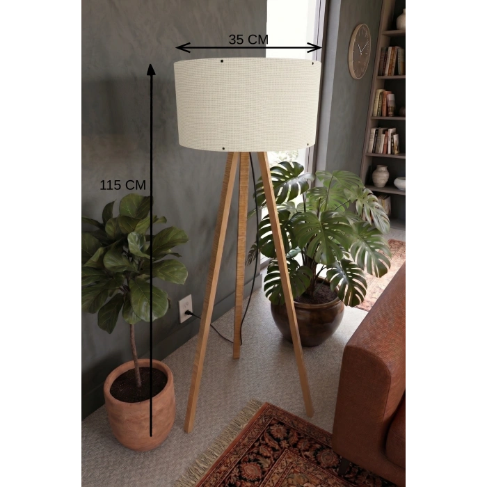 3 Ayaklı Tripod Lambader Krem Kumaş Başlık