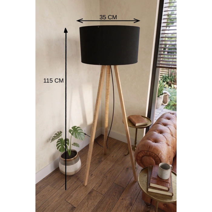 3 Ayaklı Tripod Lambader Siyah Kumaş Başlık