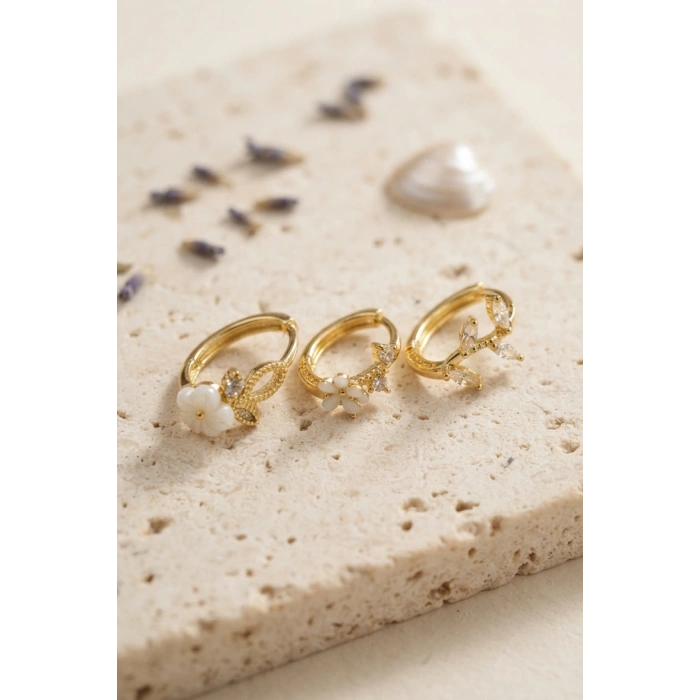 3 lü Set Çiçek Model Gold Renk Kadın Küpe TJ-BKP11960