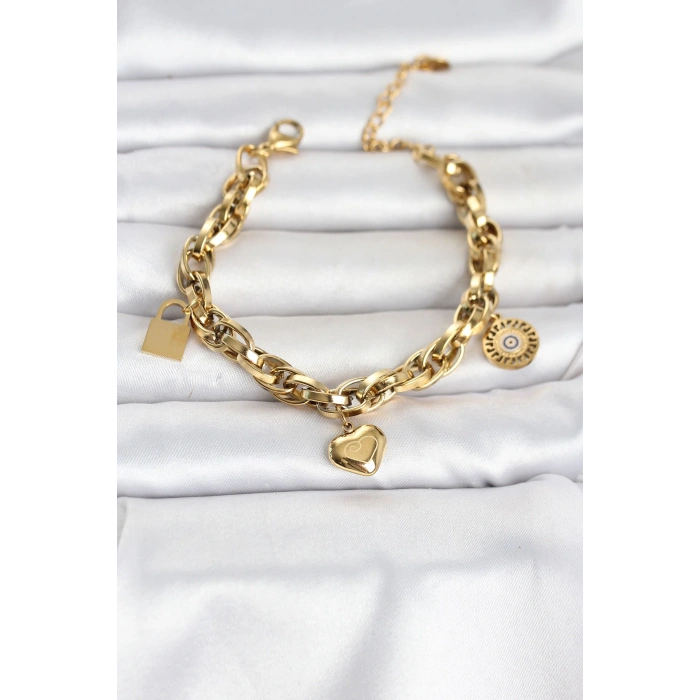 316L Çelik Gold Renk Charmlı Kalın Burgu Model Kadın Bileklik TJ-BB8558