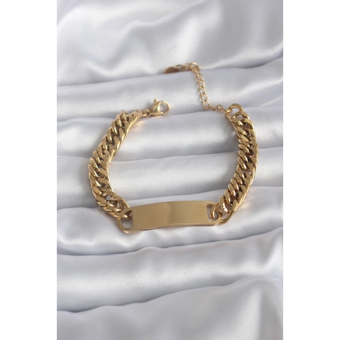316L Çelik Gold Renk İsim Yazılabilir Plaka Model Kadın Bileklik TJ-BB5744