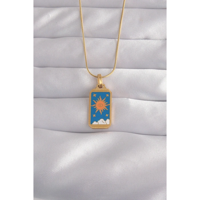 316L Çelik Gold Renk Mavi Mineli Güneş Model Tarot Kolye TJ-BKO9026
