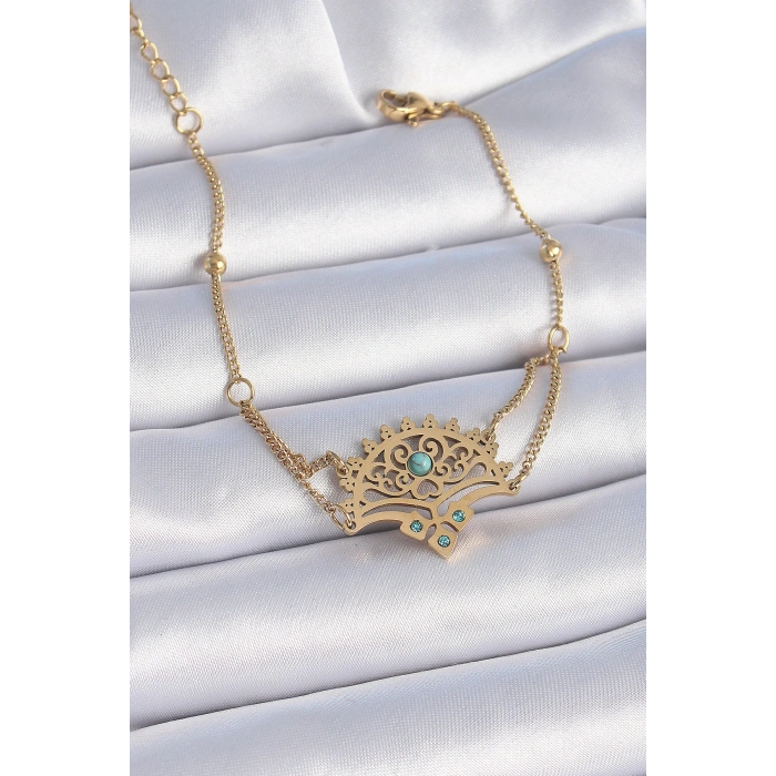 316L Çelik Gold Renk Mavi Taşlı Etnik Desen Kadın Bileklik TJ-BB6437