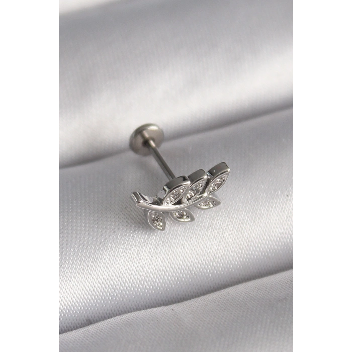 316L Çelik Gümüş Renk Dal Model Zirkon Taş Detaylı Tragus Piercing TJ-PR1343