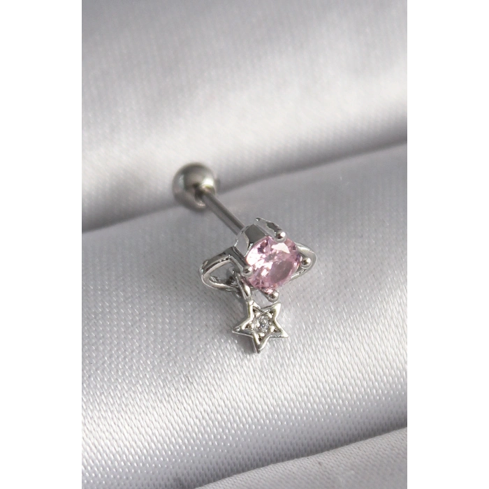 316L Çelik Gümüş Renk Pembe Zirkon Taşlı Sallantı Yıldız Detay Tragus Piercing TJ-PR1237