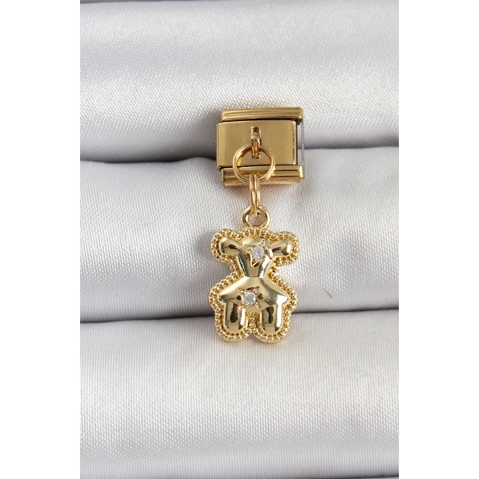 316L Çelik Sallantılı Zirkon Taşlı Ayıcık Model Gold Renk Nomination Charm TJ-BC1410