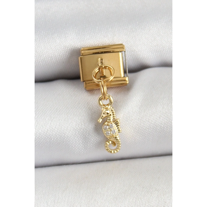 316L Çelik Sallantılı Zirkon Taşlı Çiçek Model Gold Renk Nomination Charm TJ-BC1430