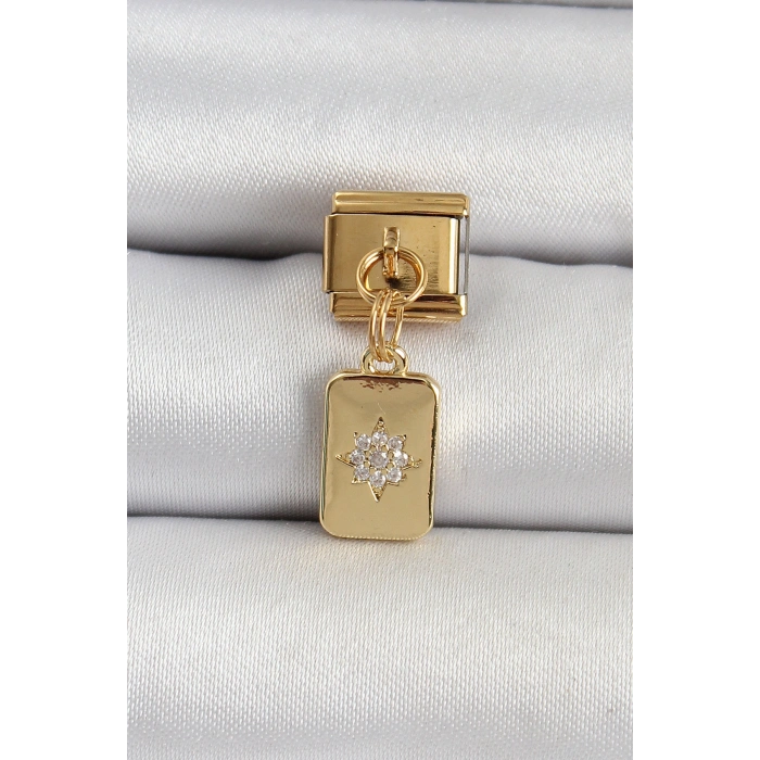 316L Çelik Sallantılı Zirkon Taşlı Kutup Yıldızı Figürlü Dikdörtgen Model Gold Renk Nomination Charm TJ-BC1406