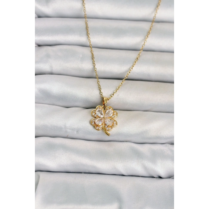 316L Çelik Zincir Gold Renk 4 Yapraklı Yonca Model Kadın Kolye TJ-BKO11080
