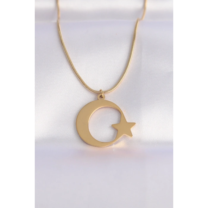 316L Çelik Zincir Gold Renk Ay Yıldız Unisex Kolye TJ-BKO8699