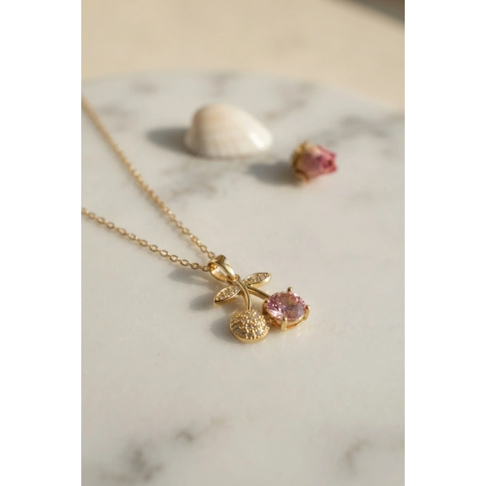 316L Çelik Zincir Gold Renk Pembe Kiraz Model Kolye TJ-BKO11190
