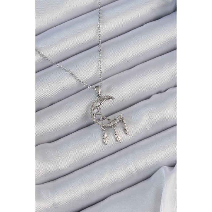 316L Çelik Zincir Gümüş Renk İşlemeli Zirkon Taşlı Ay Kolye TJ-BKO9172