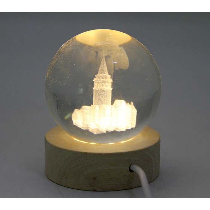 3D Kristal Cam Küre Ahşap Soketli İstanbul Temalı Led Lamba Liv1946