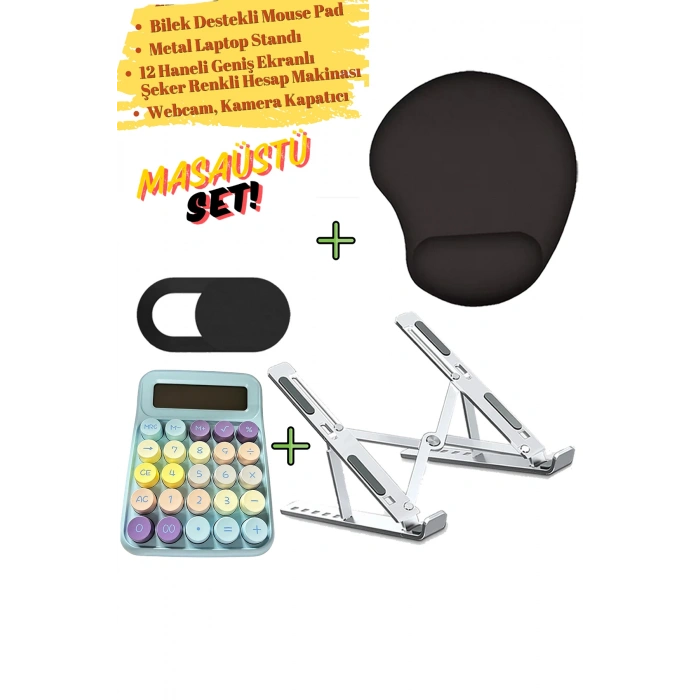 Bilek Destekli Mousepad Kamera Kapatıcı 12 Haneli Hesap Makinesi Metal Laptop Standı