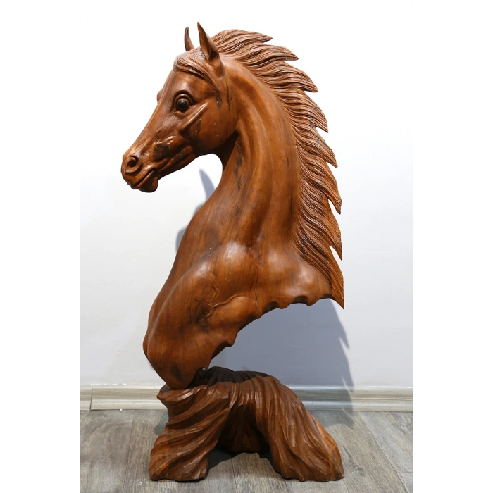 Ahşap Maun Ağacı At Büstü 1.Metre Ratnı-11