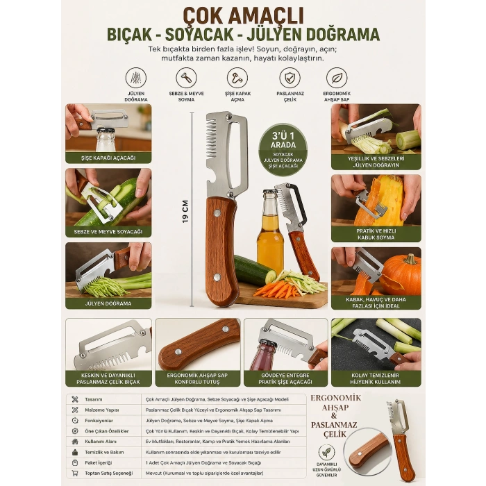 Çok Amaçlı Bıçak - Soyacak - Jülyen Doğrama - Açacak Fonksiyonlu Paslanmaz Çelik 3ü 1 Arada
