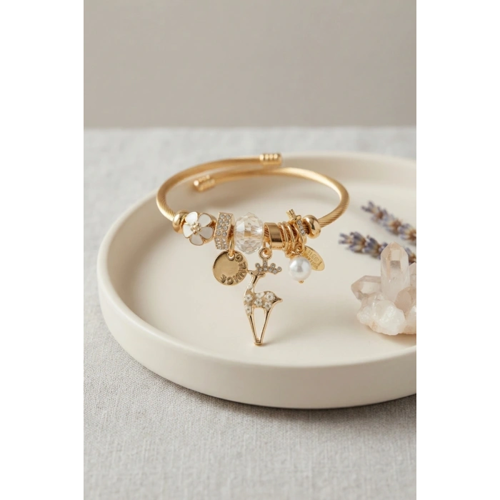 Geyik Model Gold Renk Beyaz Charmlı Bileklik TJ-BB8663