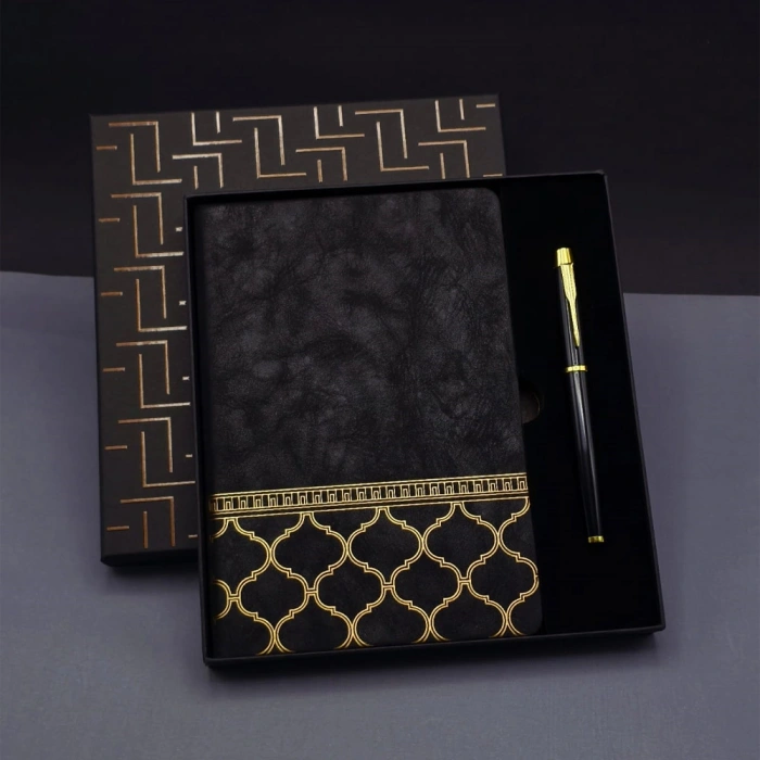 Gold Desen Siyah Deri Defter Kalem Set