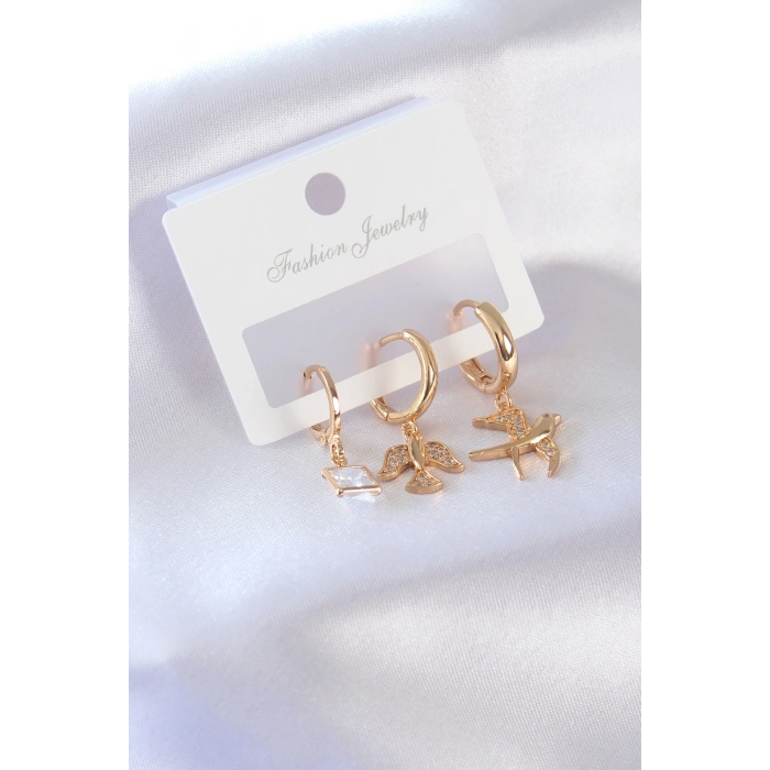 Gold Renk Kuş Figür Zirkon Taşlı Kadın Küpe - TJ-BKP7375