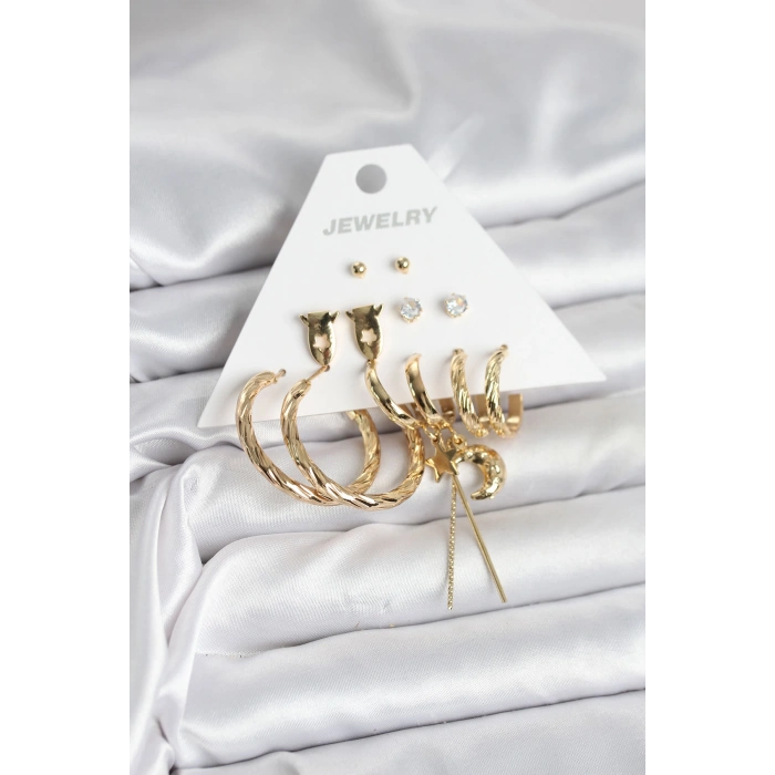 Gold Renk Pirinç 6lı Kadın Küpe Seti TJ-BKP11322
