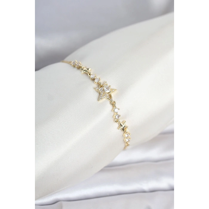 Gold Renk Pirinç Yıldız Model Asansörlü Kadın Bileklik TJ-BB8546