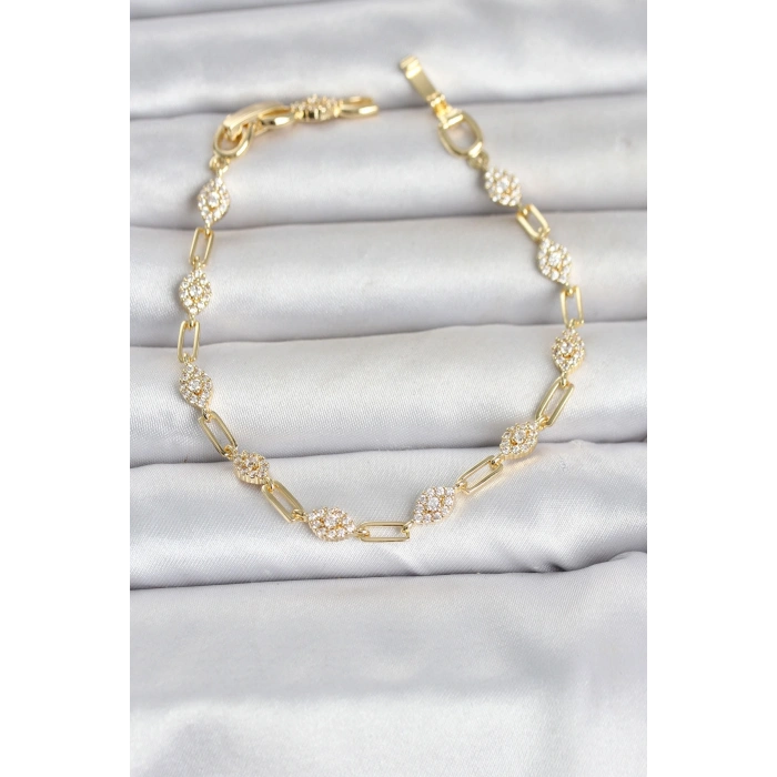Gold Renk Zirkon Taşlı Ataç Zincir Model Kadın Bileklik TJ-BB8499