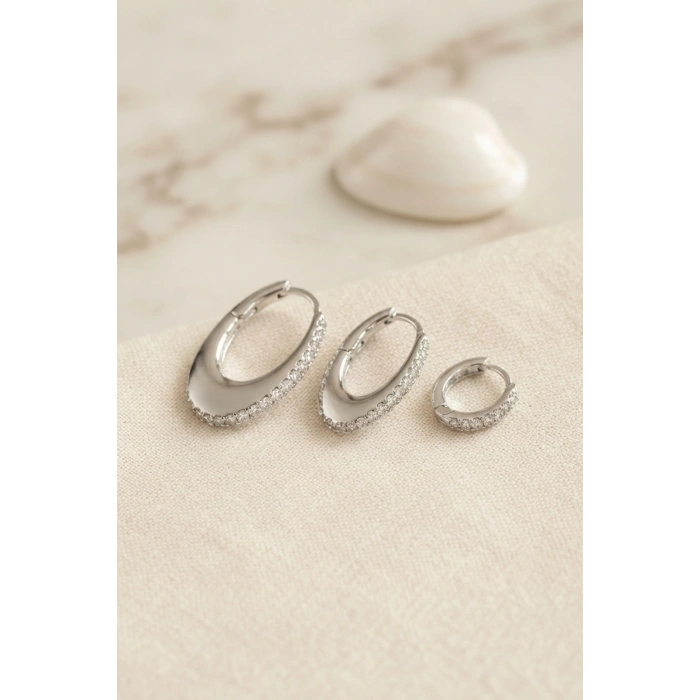 Gümüş Renk Oval Halka Model Zirkon Taşlı 3 lü Küpe Set TJ-BKP11975