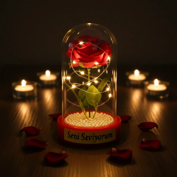 İncili Ledli Gül Fanus