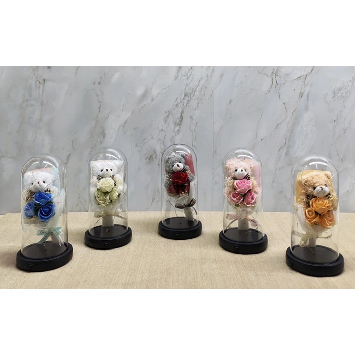 Işıklı Müzikli Fanus içinde Sevimli Ayıcıklı Gül Buketi  Alk5002