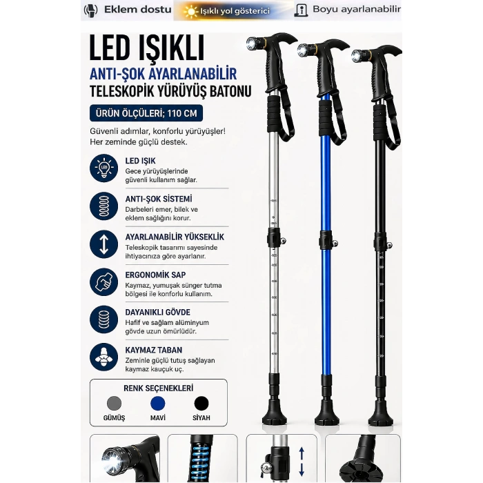 Led Işıklı Anti-Şok Ayarlanabilir Teleskopik Yürüyüş Batonu Katlanabilir Baston