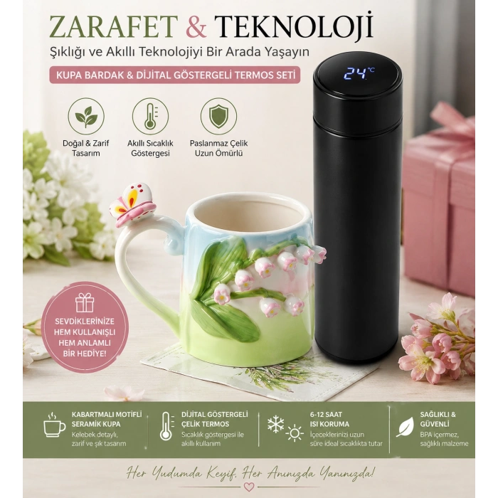 Paslanmaz Çelik Termos Kabartmalı Motifli Tasarım Kupa Bardak