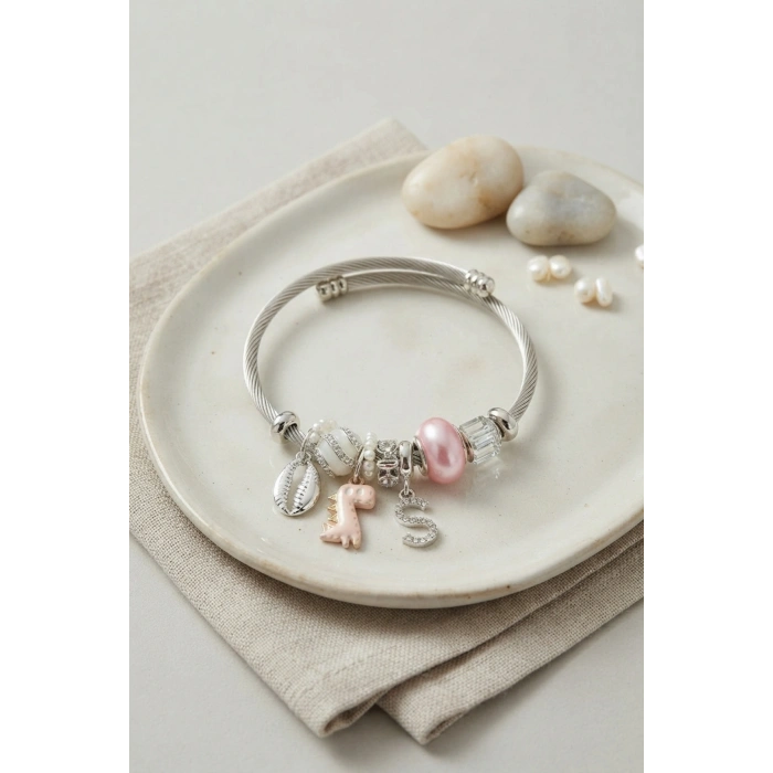 Pembe Dinazor Model Charmlı Gümüş Renk Bileklik TJ-BB8790