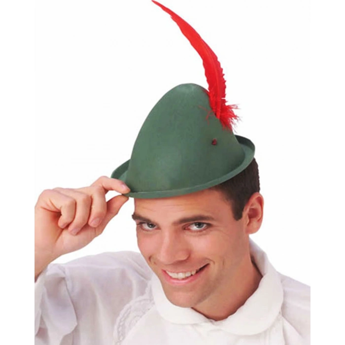 Peter Pan Şapkası Yeşil Renk Kırmızı Tüylü