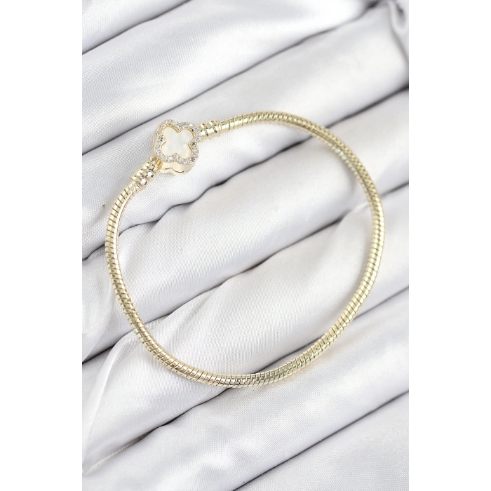Pirinç Charm Zirkon Taşlı Yonca Model Gold Renk Kadın Bileklik TJ-BB7805