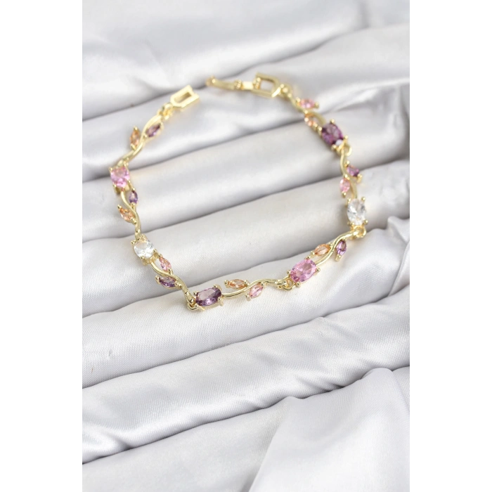 Pirinç Gold Renk Pembe ve Mor Zirkon Taşlı Çiçek Model Kadın Bileklik TJ-BB8585