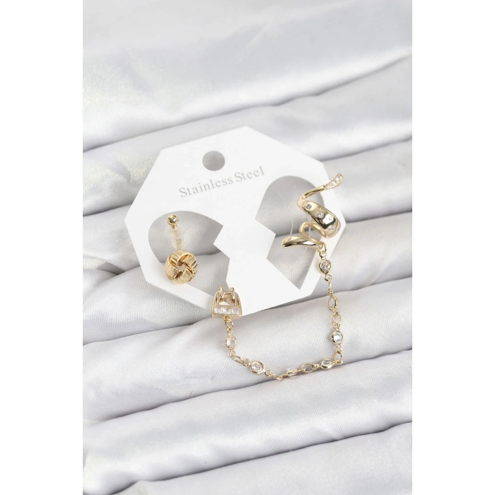 Pirinç Gold Renk Yılan Model Zincir Bağlantılı Ear Cuff Küpe Seti TJ-BKP11532