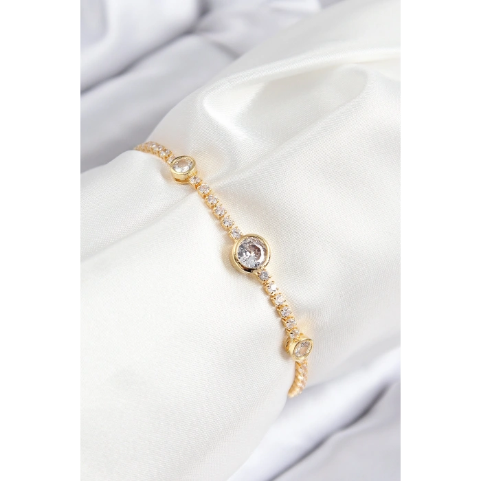 Pirinç Zirkon Taşlı Daire Model Gold Renk Asansörlü Kadın Bileklik TJ-BB7733