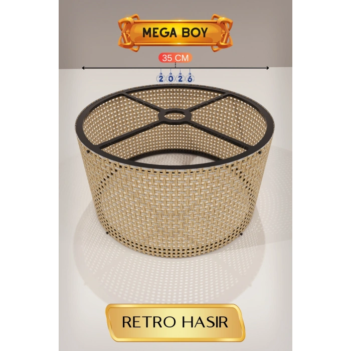 Retro Hasır Lambader Başlığı 35 CM Mega Boy
