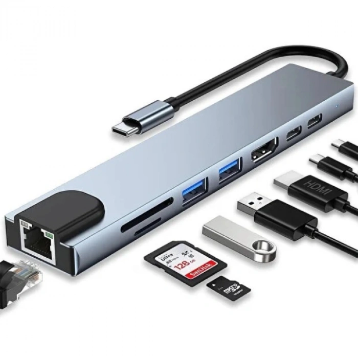 Type C Girişli 8 Port Dönüştürücü Ve Çoklayıcı