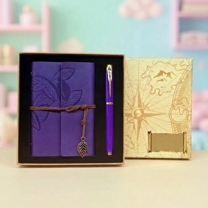 Yaprak Desenli Deri Defter Ve Mor Metal Kalem Seti