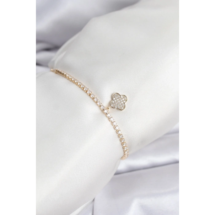 Yonca Model Zirkon Taşlı Gold Renk Asansörlü Su Yolu Bileklik TJ-BB8244