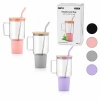 1000 ml Cam Matara Kupa Bardak - Bambu Kapaklı - Silikon Kılıflı - Çelik Pipetli
