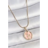 316L Çelik Gold Renk Zincir Pembe Mineli Çiçek İşlemeli Portre Model Kadın Kolye TJ-BKO10165