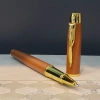 Altın Şeritli Taba Deri Defter - Kahverengi Roller Kalem - Kutulu Özel Hediye Seti