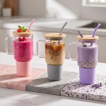 1000 ml Cam Matara Kupa Bardak - Bambu Kapaklı - Silikon Kılıflı - Çelik Pipetli