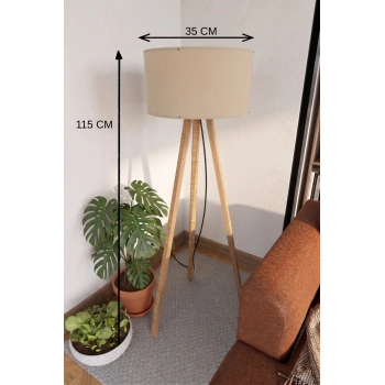 3 Ayaklı Tripod Lambader Bej Kumaş Başlık